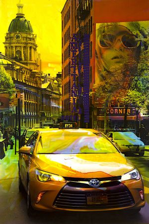 NY Reloaded (Yellow Cab) B 7, 2017, Malerei und Siebdruck auf Fotografie, 150 x 100 x 6 cm