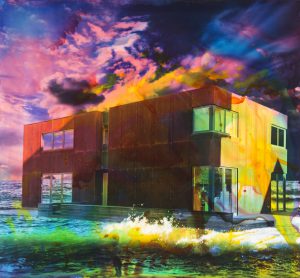 Zeit an Bord zu gehen, 2025, Malerei auf Fotografie, 85 x 92 x 5 cm